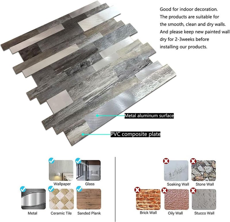 weimeisc 10 Sheets Backsplash Tile for Kitchen Peel and Stick, Self-Adhesive Waterproof, Metal Backsplash Subway Tile, Stick on Tiles Kitchen Bathroom (Light Grey Wood Grain+Frosted Silver) - Image 5